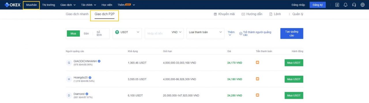 OKEX P2P: Hướng dẫn giao dịch bằng VNĐ trên sàn OKEx 4 trang giao dich p2p tren san