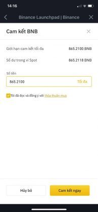 nhap luong BNB muon cam ket de tham gia launchpad