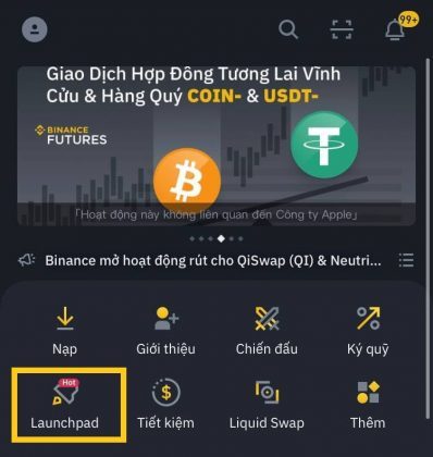 truy cap launchpad tren ung dung binance